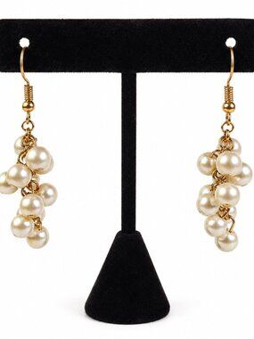 Gold Tone Pearl Cluster Drop Earrings - White Pearl